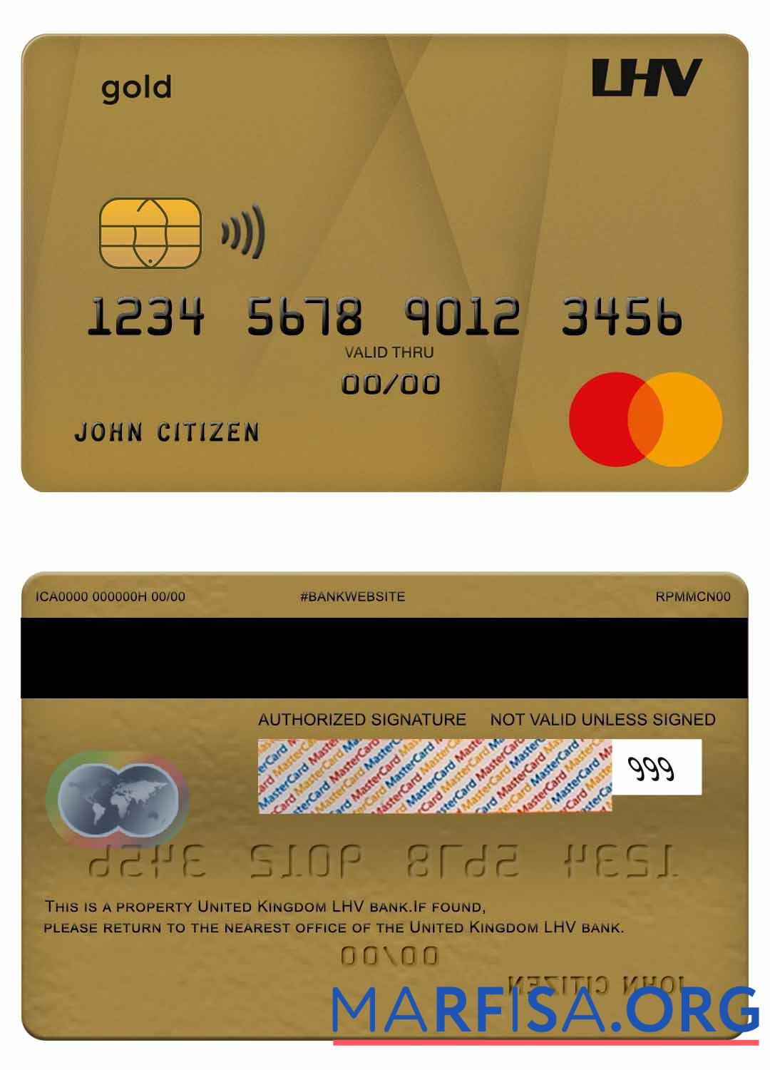 Printable United Kingdom LHV bank mastercard gold sample